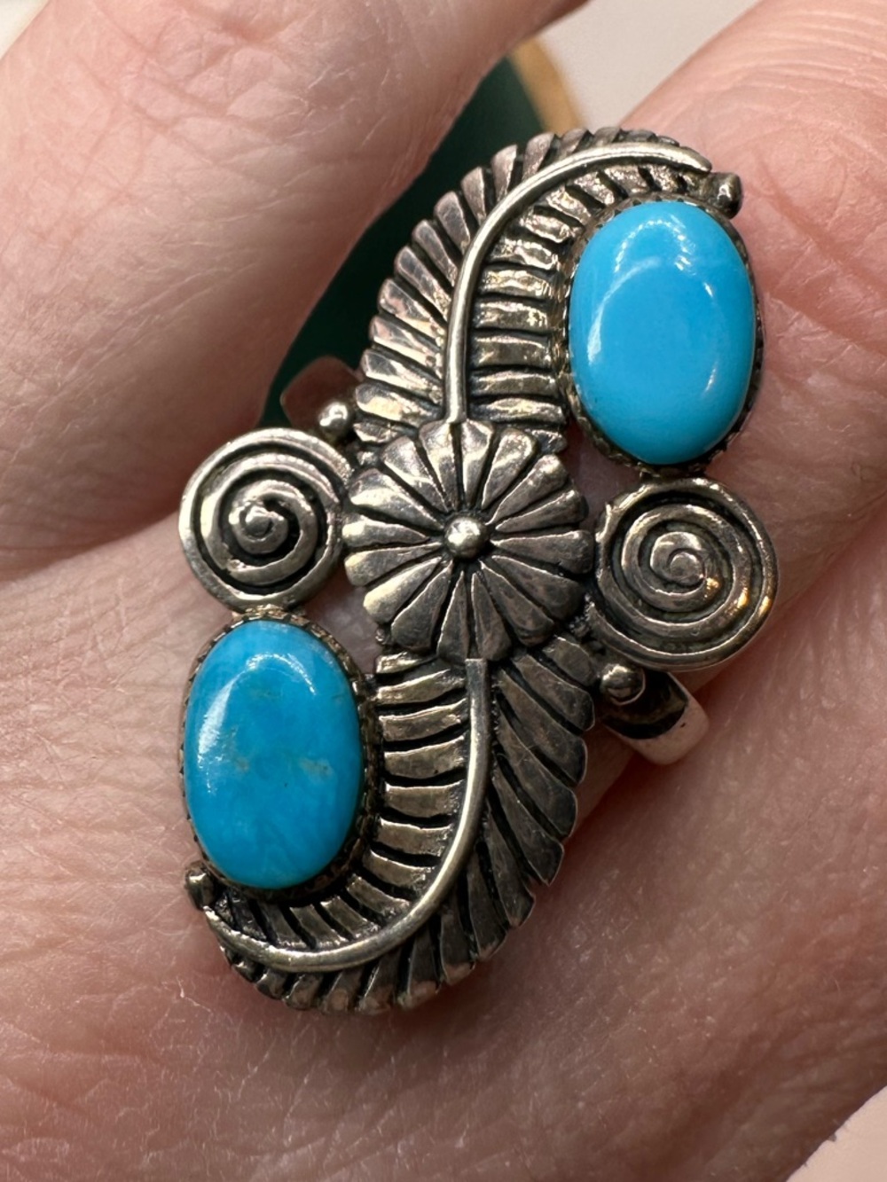 Turquoise Double-Stone Sterling Silver Feather Flower Ring - Picture 6 of 15